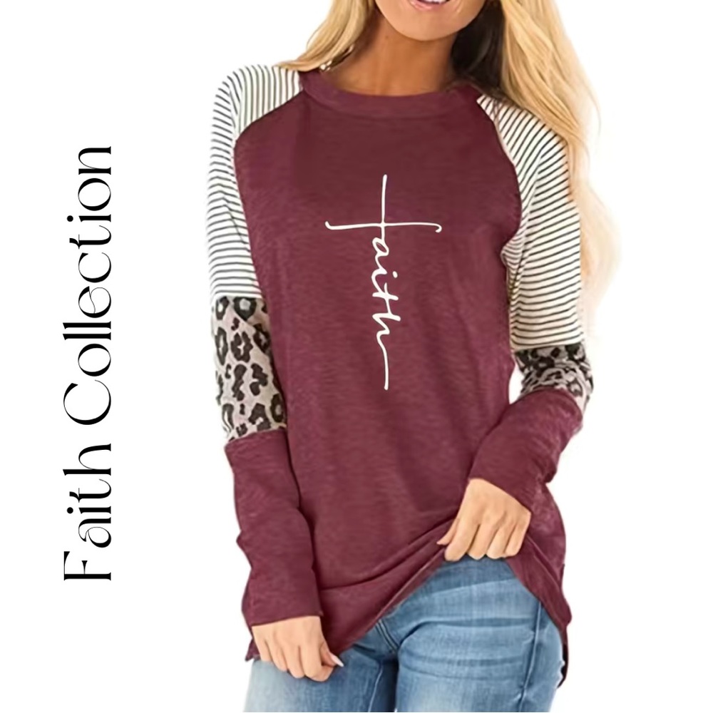 NEW Long sleeve “Faith” T-shirt w/animal print & stripes | Med (6) | Burgundy